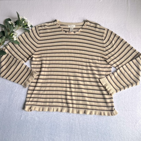 Women’s Sz XL Beige Striped Crew Neck Sweater Long Sleeve - Picture 1 of 10